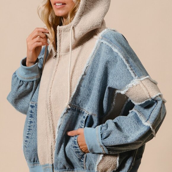 BIBI Oversized Patchwork Hoodie – Denim & Sherpa Zip Up, Streetwear Style - Picture 6 of 15